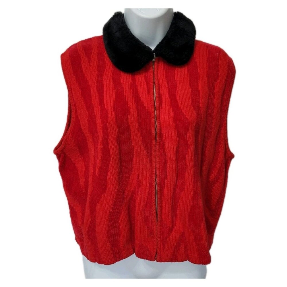 VTG Rebecca Thomas Red Black Faux Fur Collar Zip Front Zebra Print Rib Knit Vest - Picture 9 of 11